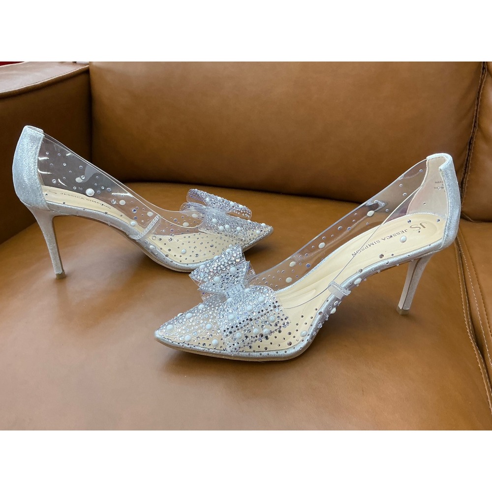 Jessica Simpson Avyria3 Pump Womens 8.5 Silver Pearl Rhinestone Bow - Picture 2 of 8